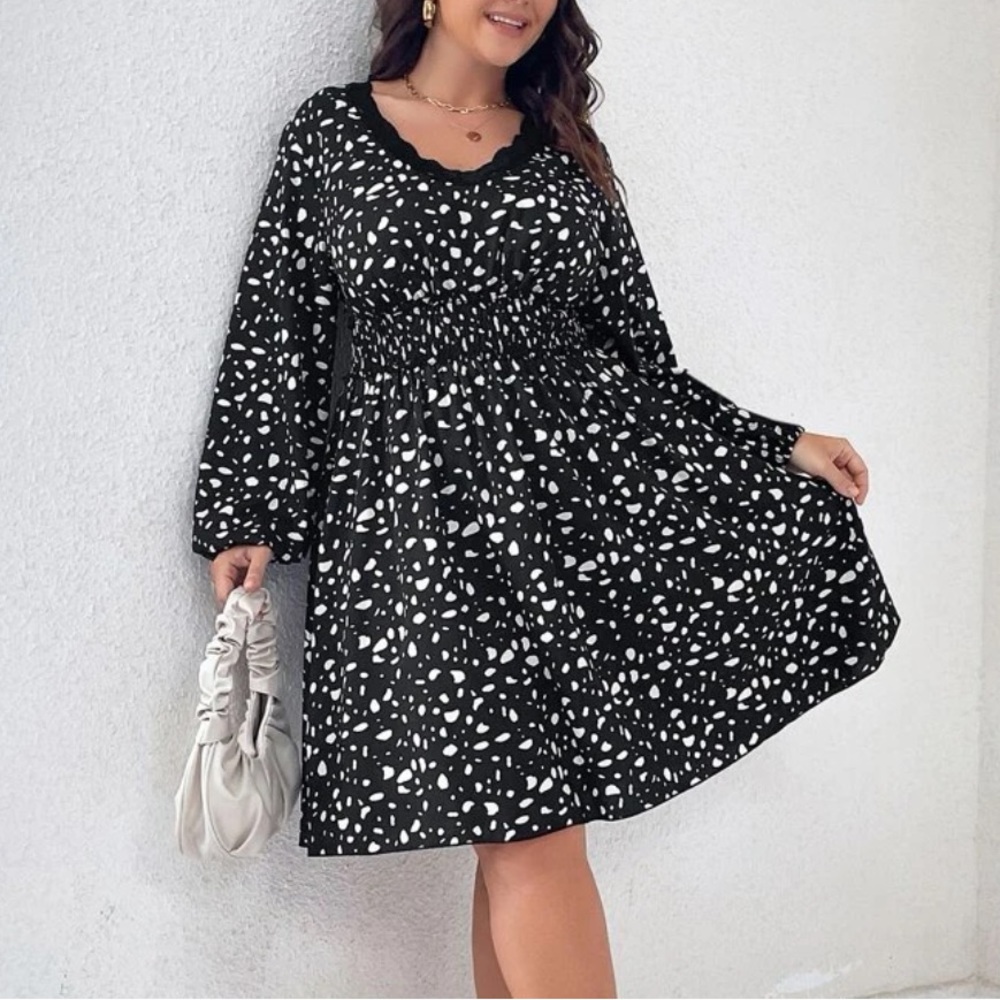 Dalmatian Print Lantern Sleeve Lace Trim Dress